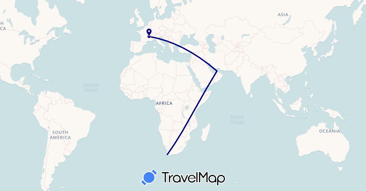 TravelMap itinerary: driving in United Arab Emirates, France, South Africa (Africa, Asia, Europe)